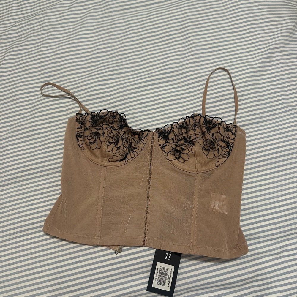 White Fox Boutique Tan Floral Lace Top